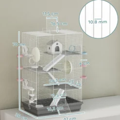 Pawhut Jaula Para Hámster Con Plataformas Rueda Túnel Comedero 47x30x70 Cm Gris