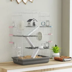 Pawhut Jaula Para Hámster Con Plataformas Rueda Túnel Comedero 47x30x70 Cm Gris