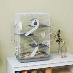 Pawhut Jaula Para Hámster Con Plataformas Rueda Túnel Comedero 47x30x70 Cm Gris