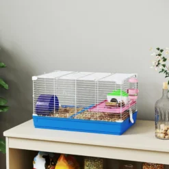 Pawhut Jaula Para Hámster Con Rueda De Ejercicio Cuenco Bebedero Casita Azul