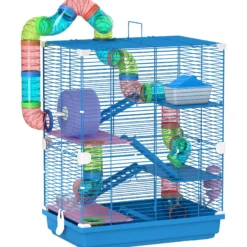 Pawhut Jaula Para Hámster Con Túnel Cuenco Bebedero 46x30x58 Cm Azul