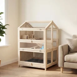 Pawhut Jaula Para Hámster De Madera De 3 Niveles Bandeja Extraíble Natural