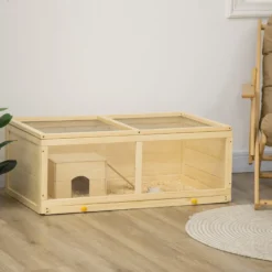 Pawhut Jaula Para Hámster De Madera 100x58x38 Cm Con Tapa Abatible Natural