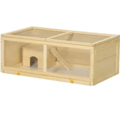 Pawhut Jaula Para Hámster De Madera 100x58x38 Cm Con Tapa Abatible Natural