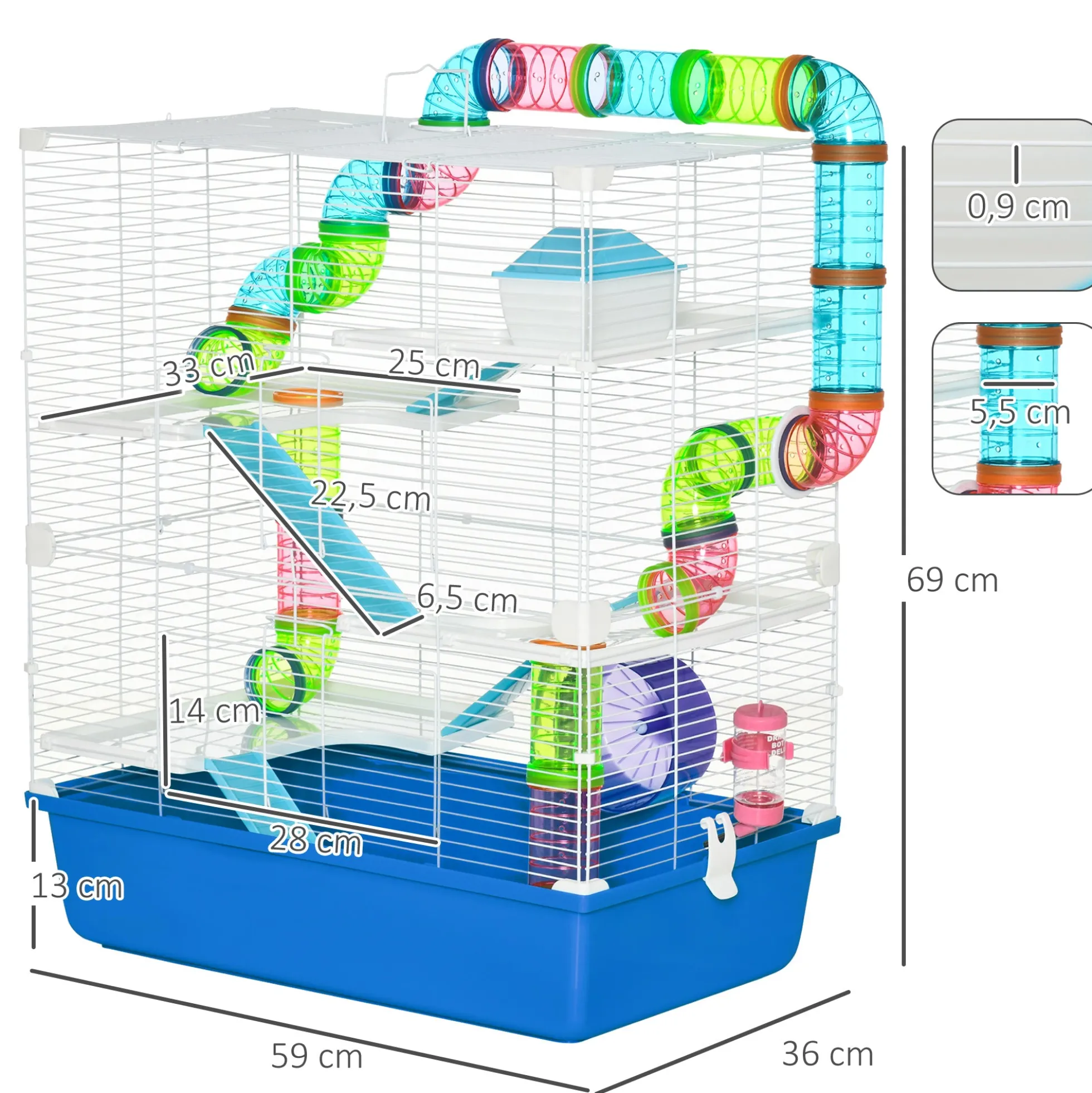 Pawhut Jaula Para Hámster 59x36x69cm Con 4 Plataformas Túnel Comedero Azul