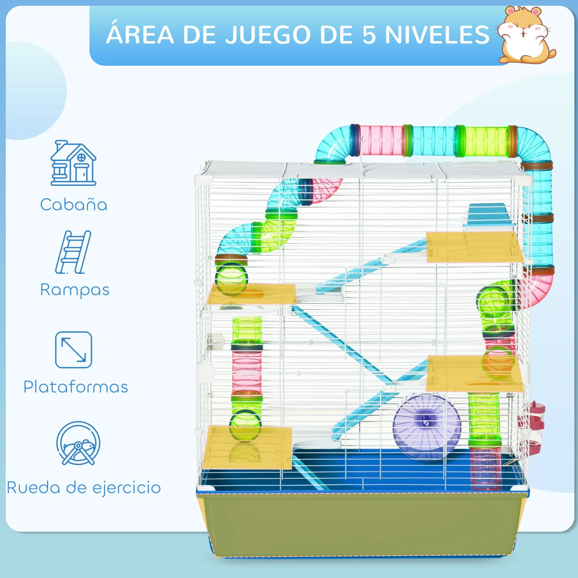Pawhut Jaula Para Hámster 59x36x69cm Con 4 Plataformas Túnel Comedero Azul