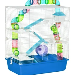 Pawhut Jaula Para Hámster 59x36x69cm Con 4 Plataformas Túnel Comedero Azul