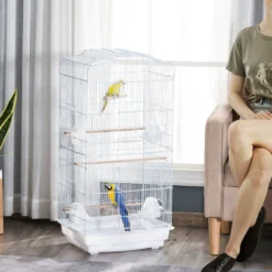 Pawhut Jaula Para Pájaros Con Puertas Comederos Y Bandeja 47,5x36x91 Cm Blanco