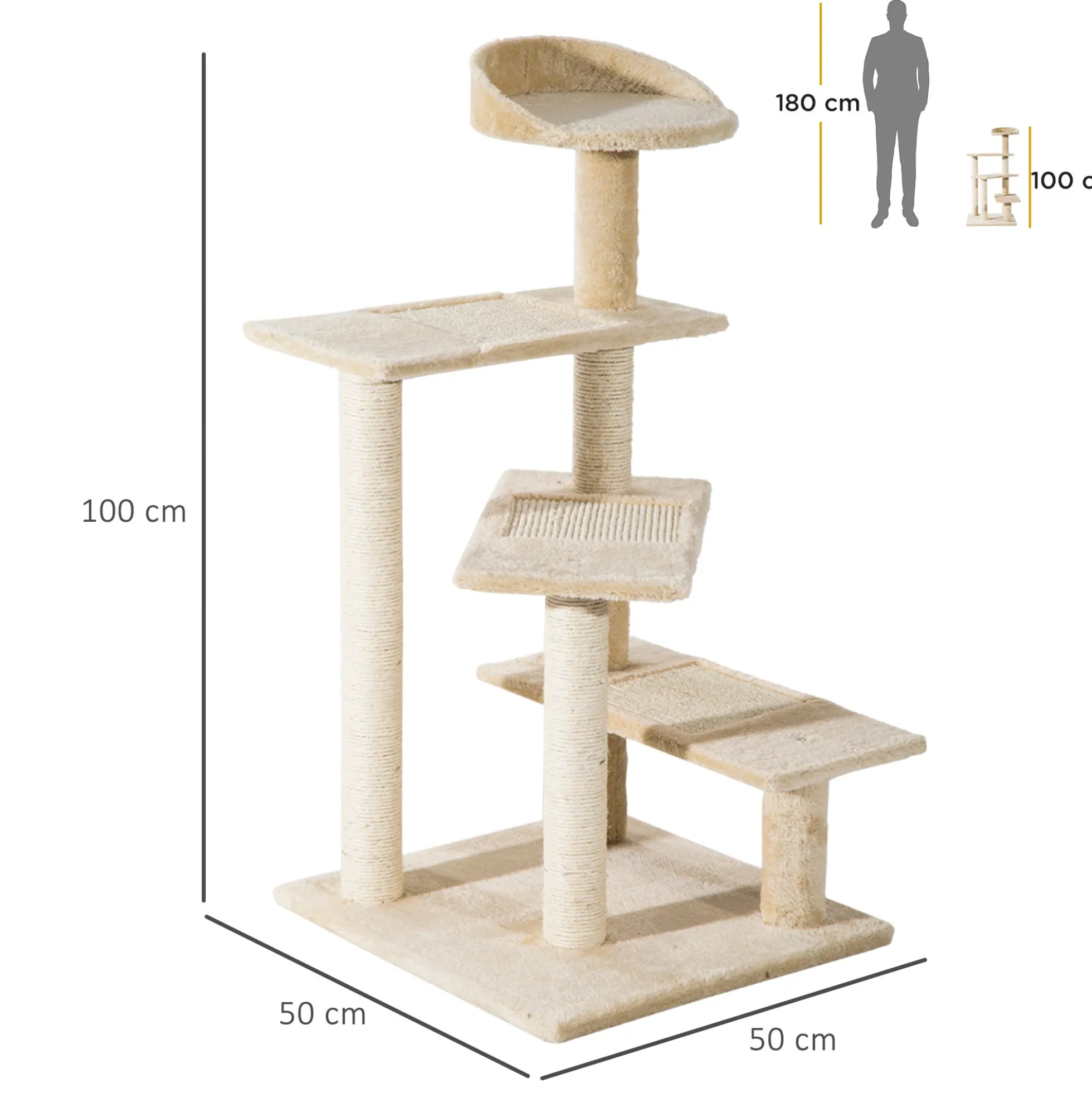 Pawhut Árbol Para Gato Rascador Grande 50x50x100 Cm Con Poste Cama Plataformas
