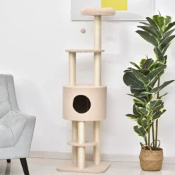Pawhut Árbol Para Gatos Altura 148 Cm Con Postes De Sisal Y 3 Plataformas Beige