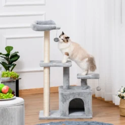 Pawhut Árbol Para Gatos Con Postes De Sisal Plataformas Y Casita Gris Claro
