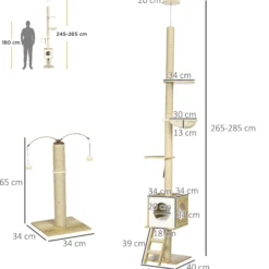 Pawhut Árbol Para Gatos Del Suelo Al Techo 220-260cm Con Altura Ajustable Caseta