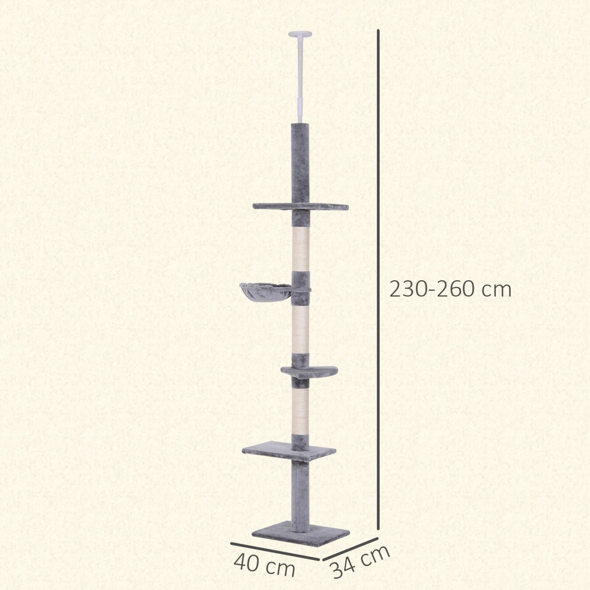 Pawhut Árbol Para Gatos De Suelo Al Techo De 230-260 Cm Con Plataformas Gris