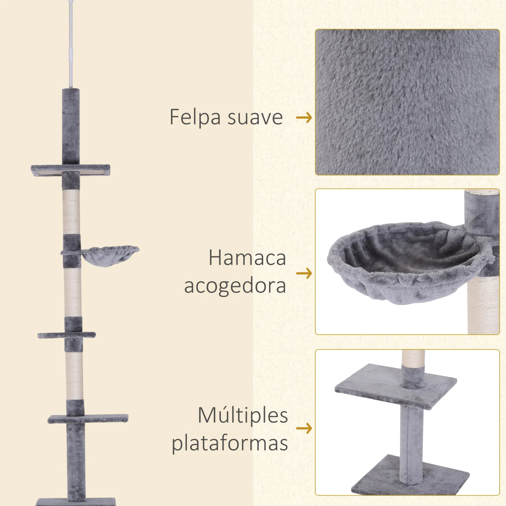 Pawhut Árbol Para Gatos De Suelo Al Techo De 230-260 Cm Con Plataformas Gris