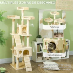 Pawhut Árbol Rascador Para Gatos Grande 49x49x173 Cm Con Múltiples Niveles Beige