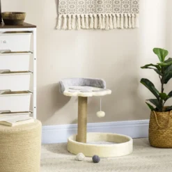 Pawhut Árbol Rascador Para Gatos Altura 44 Cm Con 2 Camas Poste Yute Gris Claro