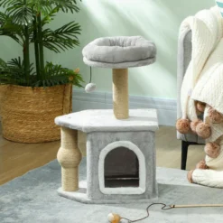 Pawhut Árbol Rascador Para Gatos Altura 66 Cm Con Cama Poste De Yute Gris Claro