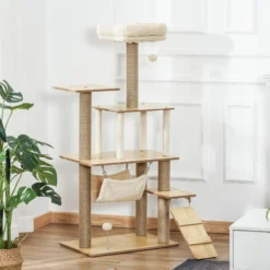 Pawhut Árbol Rascador Para Gatos Con Plataformas Hamaca Escalera Cueva 60x40x130