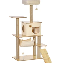 Pawhut Árbol Rascador Para Gatos Con Plataformas Hamaca Escalera Cueva 60x40x130