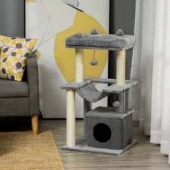 Pawhut Árbol Rascador Para Gatos Altura 90 Cm De 3 Niveles 48x48x90 Cm Gris