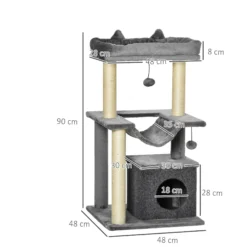 Pawhut Árbol Rascador Para Gatos Altura 90 Cm De 3 Niveles 48x48x90 Cm Gris
