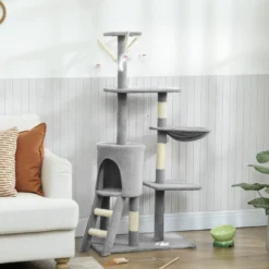 Pawhut Árbol Rascador Para Gatos Grande Altura 134 Cm Con 6 Postes De Sisal Gris
