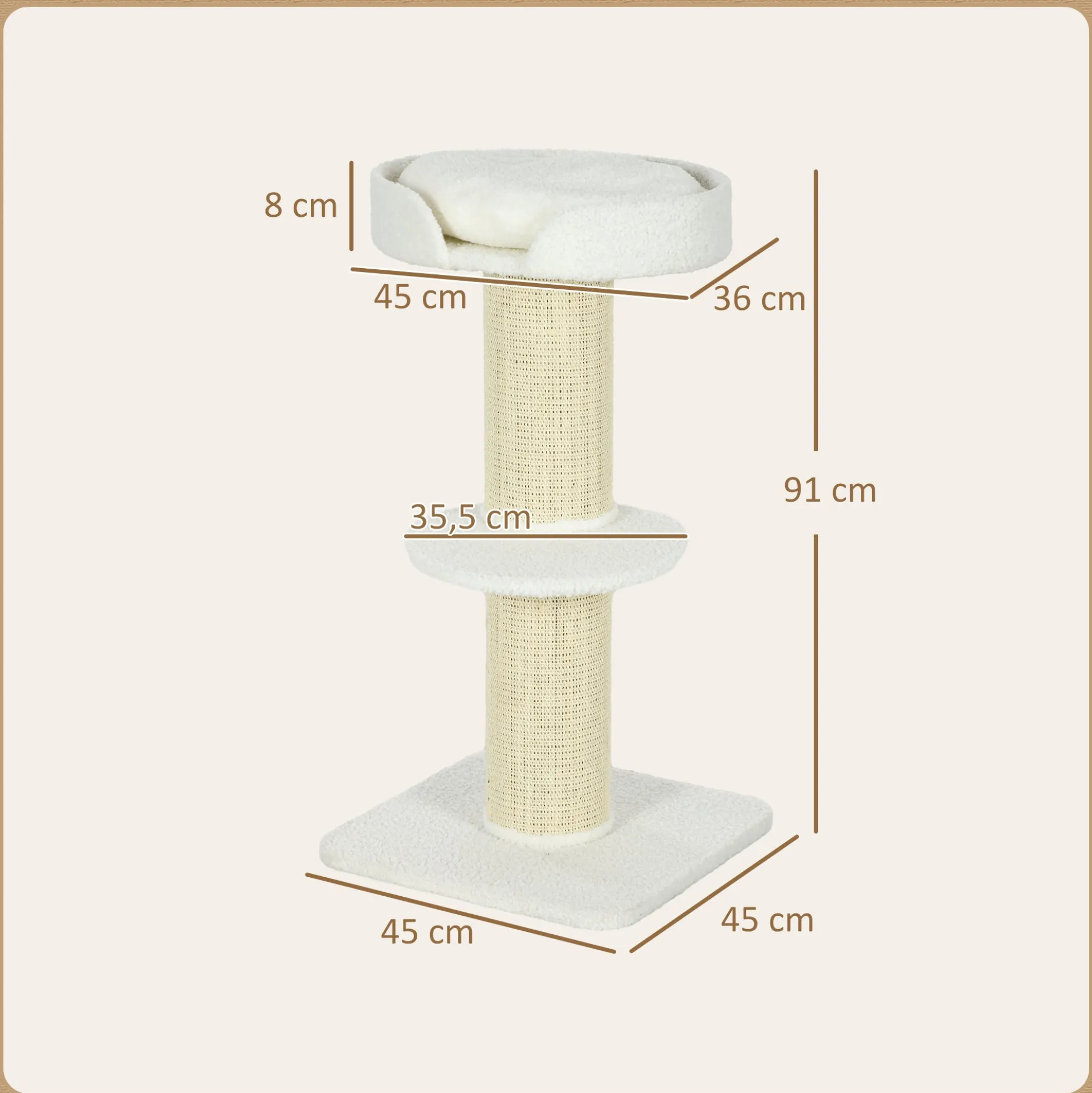 Pawhut Árbol Rascador Para Gatos Altura 91 Cm De 3 Niveles 45x45x91cm Crema