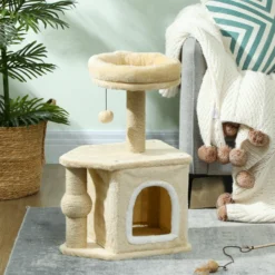 Pawhut Árbol Rascador Para Gatos Altura 66 Cm Con Cama Poste De Yute Beige