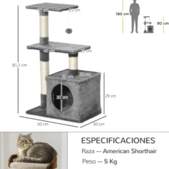 Pawhut Árbol Rascador Para Gatos Con Postes Plataformas Caja Bola Colgante Gris