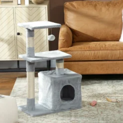 Pawhut Árbol Rascador Para Gatos Con Postes Plataformas Caja Bola Colgante Gris