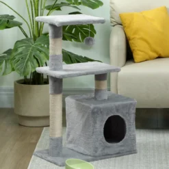 Pawhut Árbol Rascador Para Gatos Con Postes Plataformas Caja Bola Colgante Gris