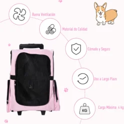 Pawhut Transportín 2 En 1 Para Mascotas Carrito Mochila Ruedas 42x25x55 Cm Rosa