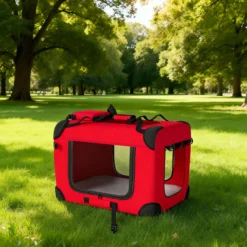 Pawhut Transportín Perro Gato Plegable 60x41,5x41 Cm Con Puertas Cojín Rojo