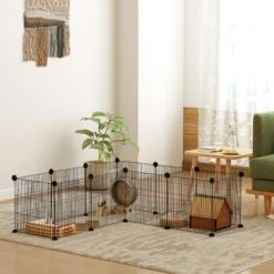 Pawhut Valla Metálica Para Mascotas Con 12 Paneles Diseño Diy 140x70x35 Cm Negro
