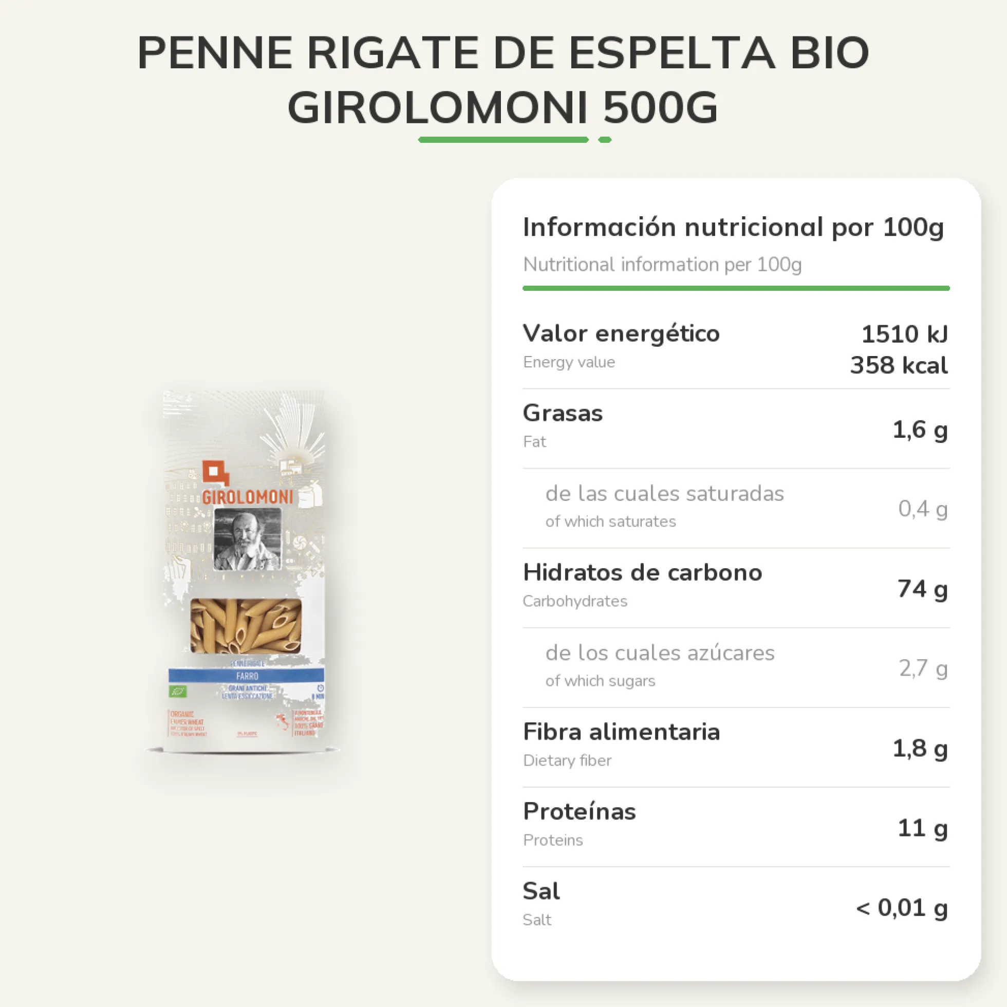 Penne rigate de espelta bio Girolomoni 500g
