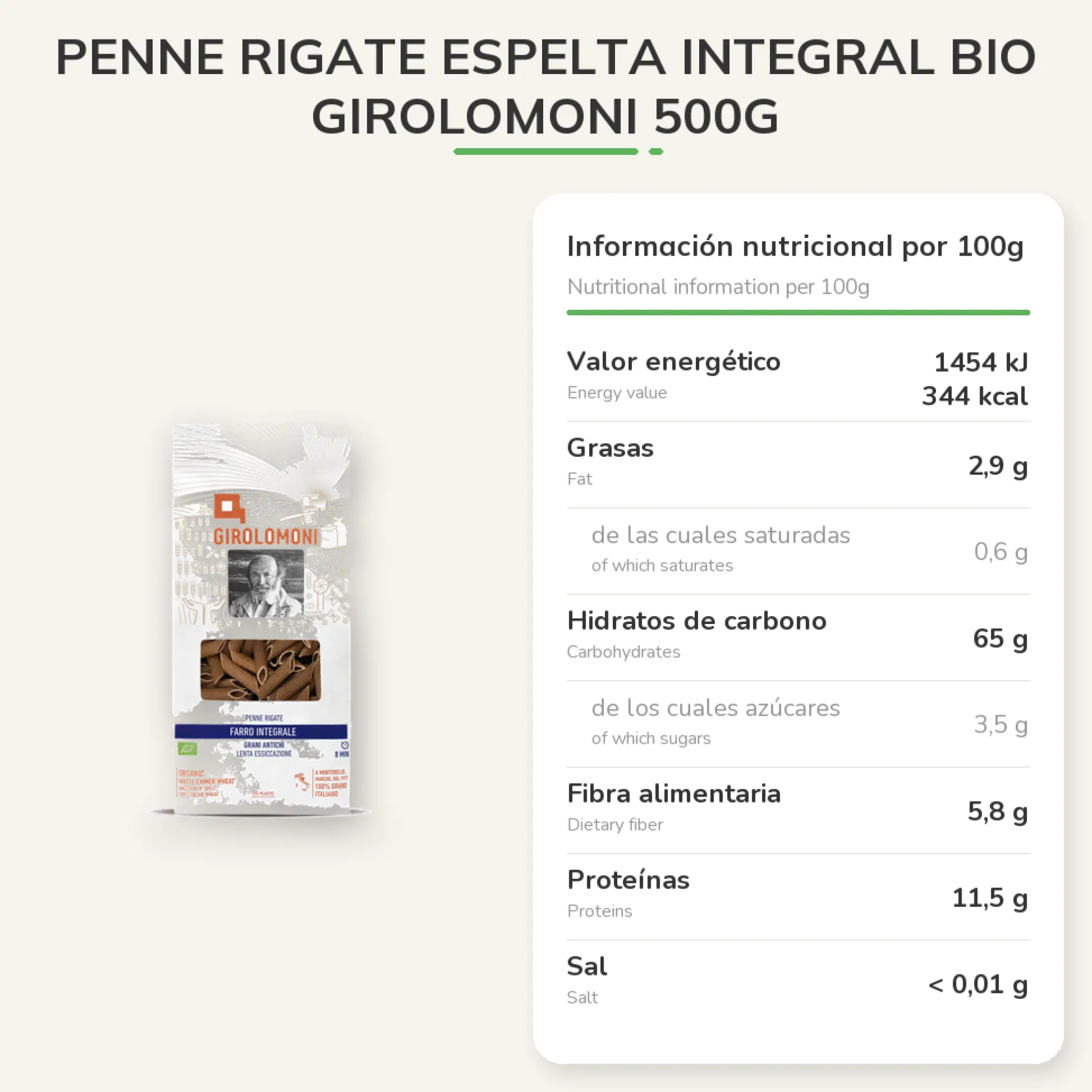 Penne rigate espelta integral bio Girolomoni 500g