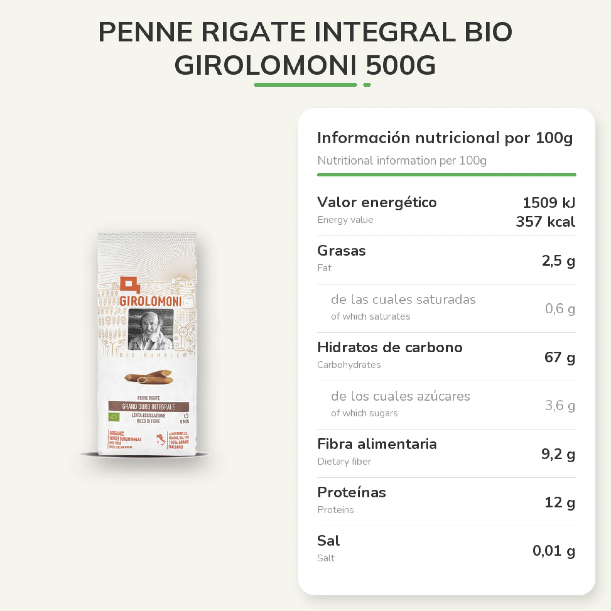 Penne rigate integral bio Girolomoni 500g