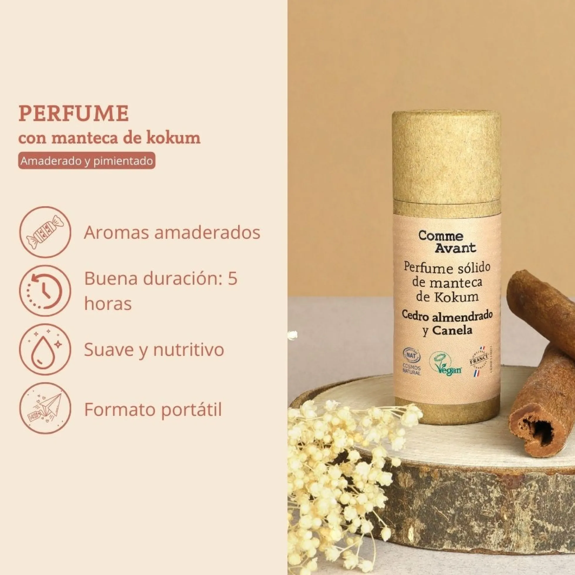 Perfume sólido amaderado y especiado con manteca de kokum Tonka y Madera de sándalo Comme Avant 20 ml