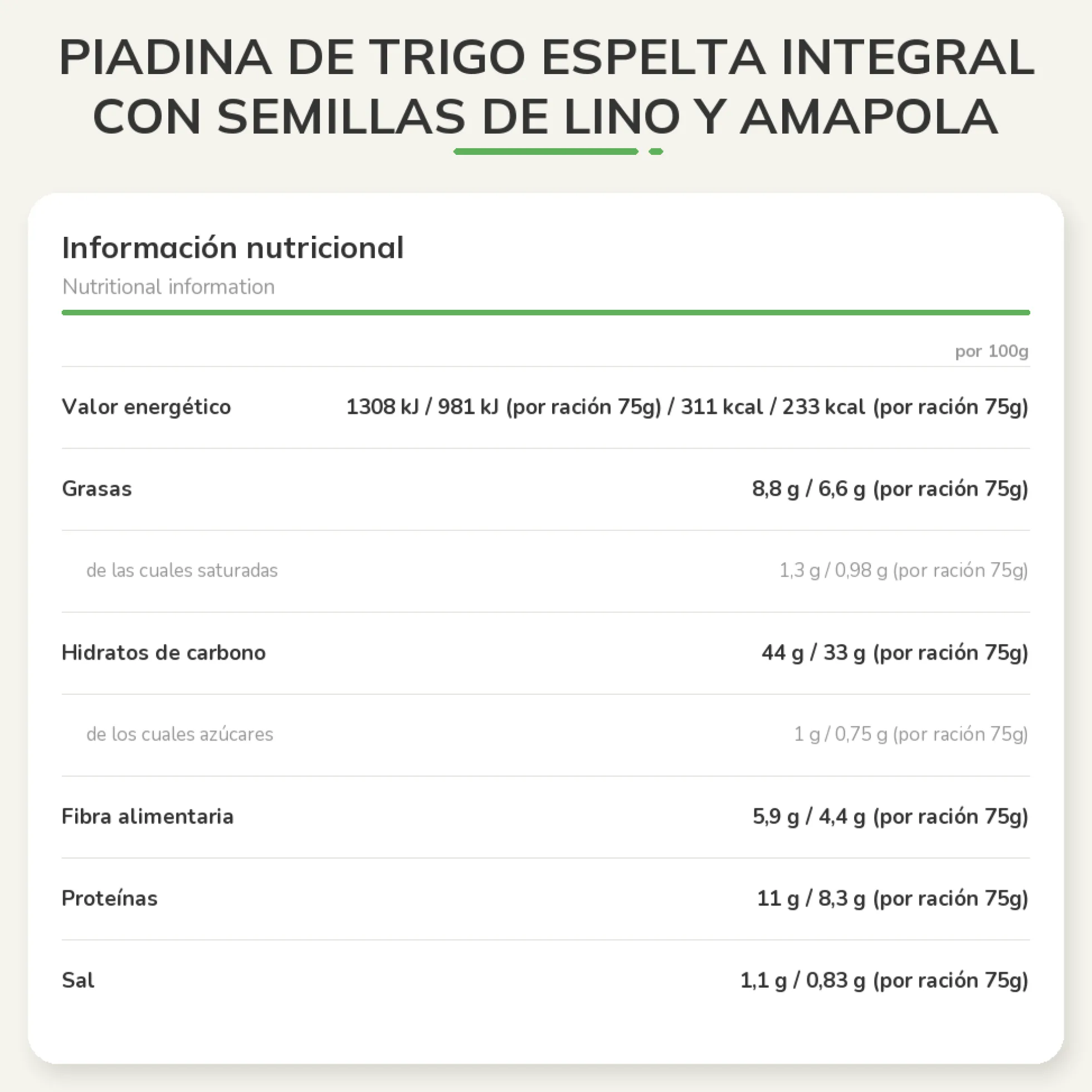 Piadina de trigo Espelta Integral con Semillas de Lino y Amapola Biocop 225 g