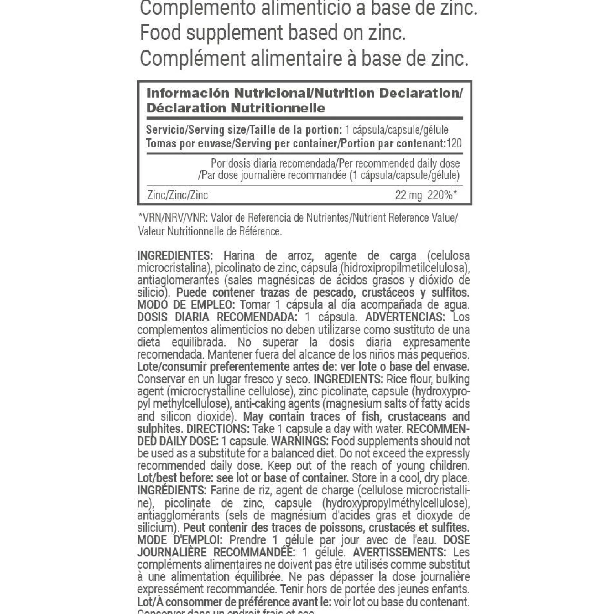 Picolinato De Zinc 22mg - 120 Cápsulas Vegetales - Zinc - Masmusculo