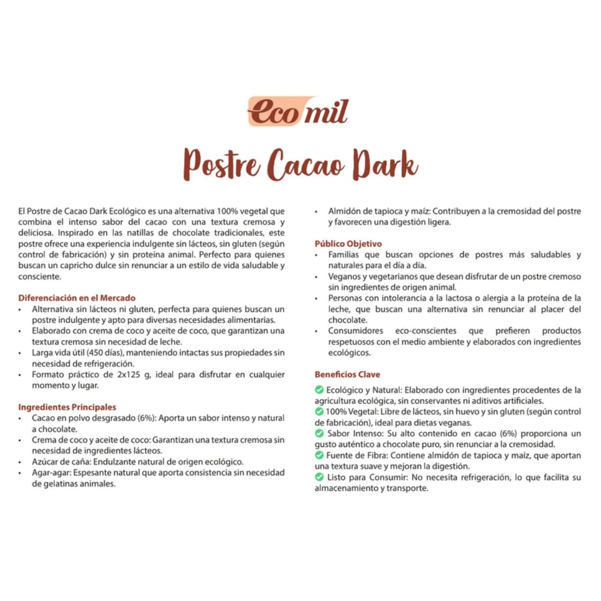 Postre Cacao Dark Bio Ecomil 2 uds de 125 g