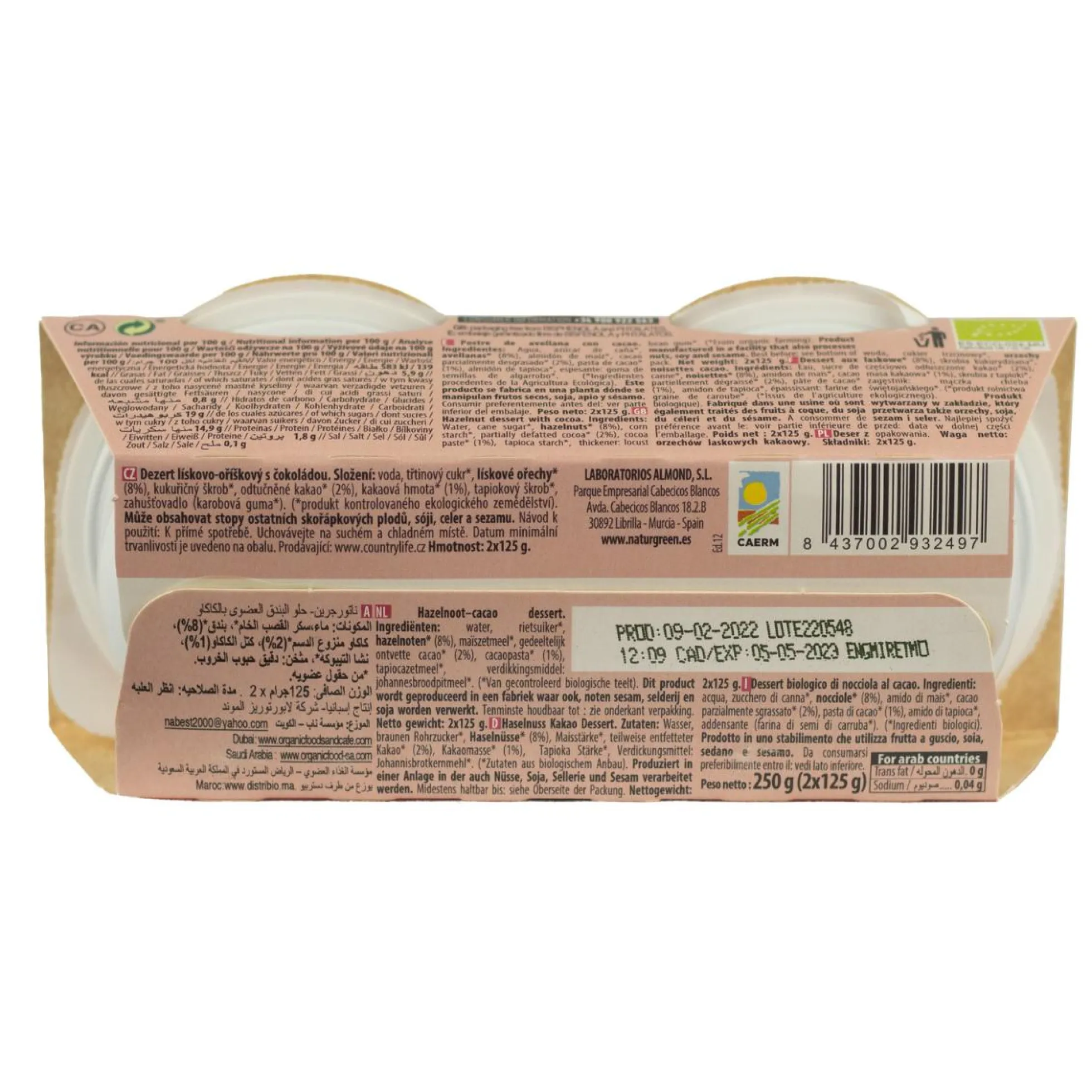 Postre de Avellanas Cacao NaturGreen, 2 X 125 g