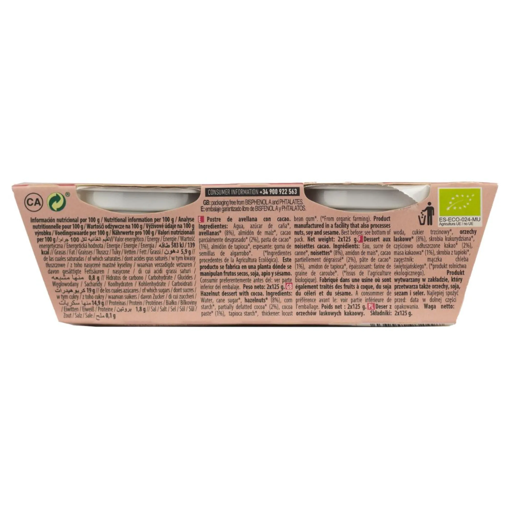 Postre de Avellanas Cacao NaturGreen, 2 X 125 g