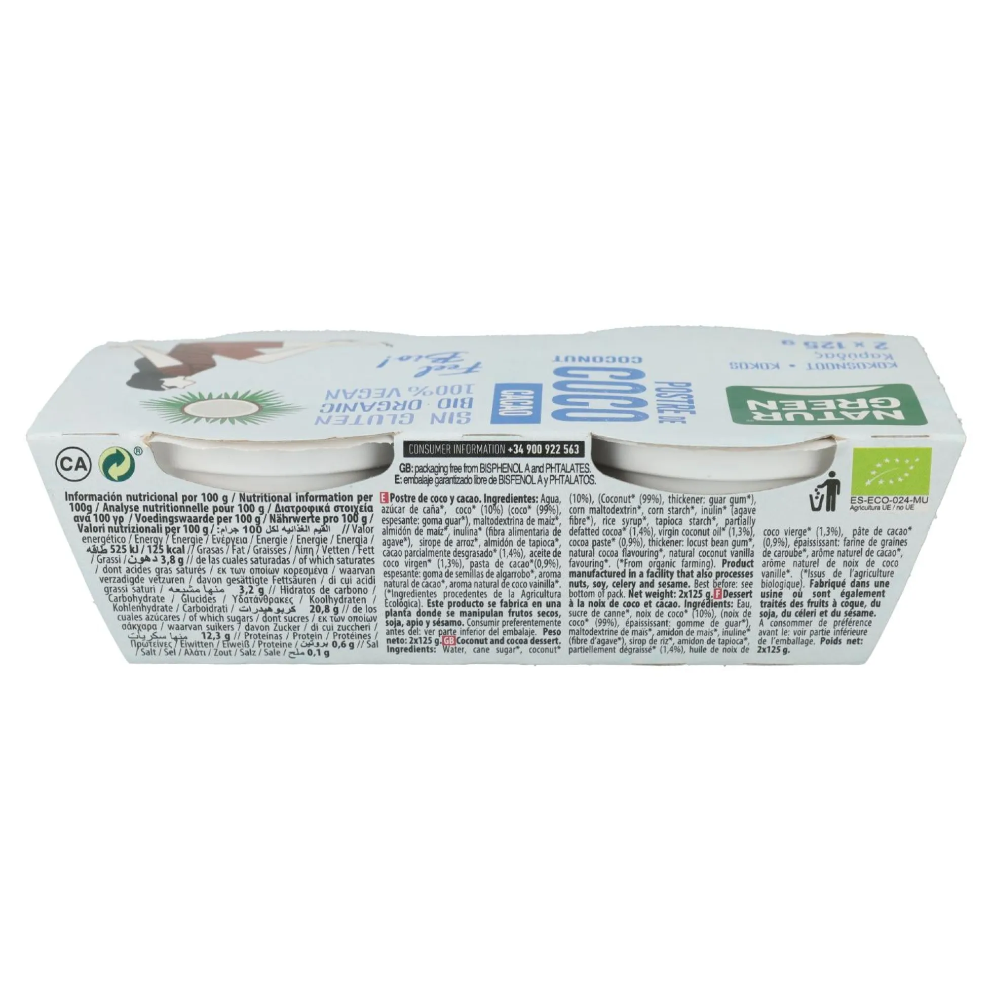 Postre de Coco Cacao Naturgreen, 2 X 125 g