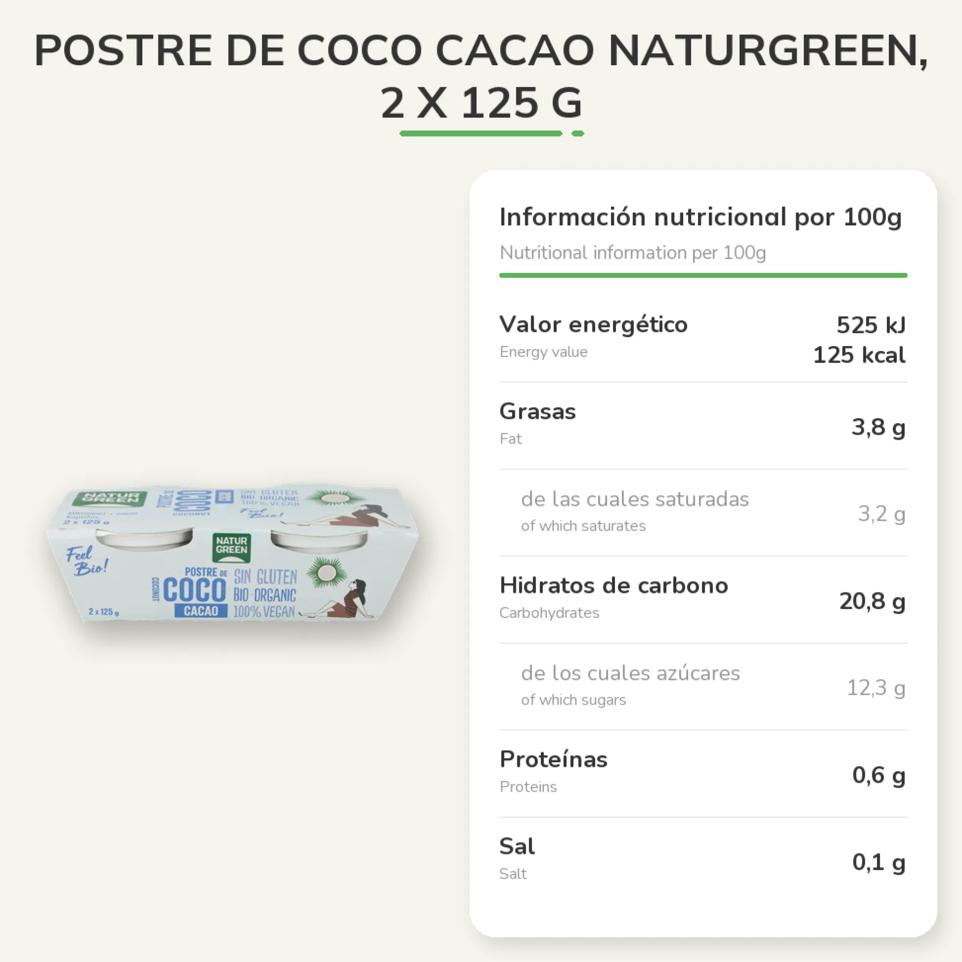Postre de Coco Cacao Naturgreen, 2 X 125 g