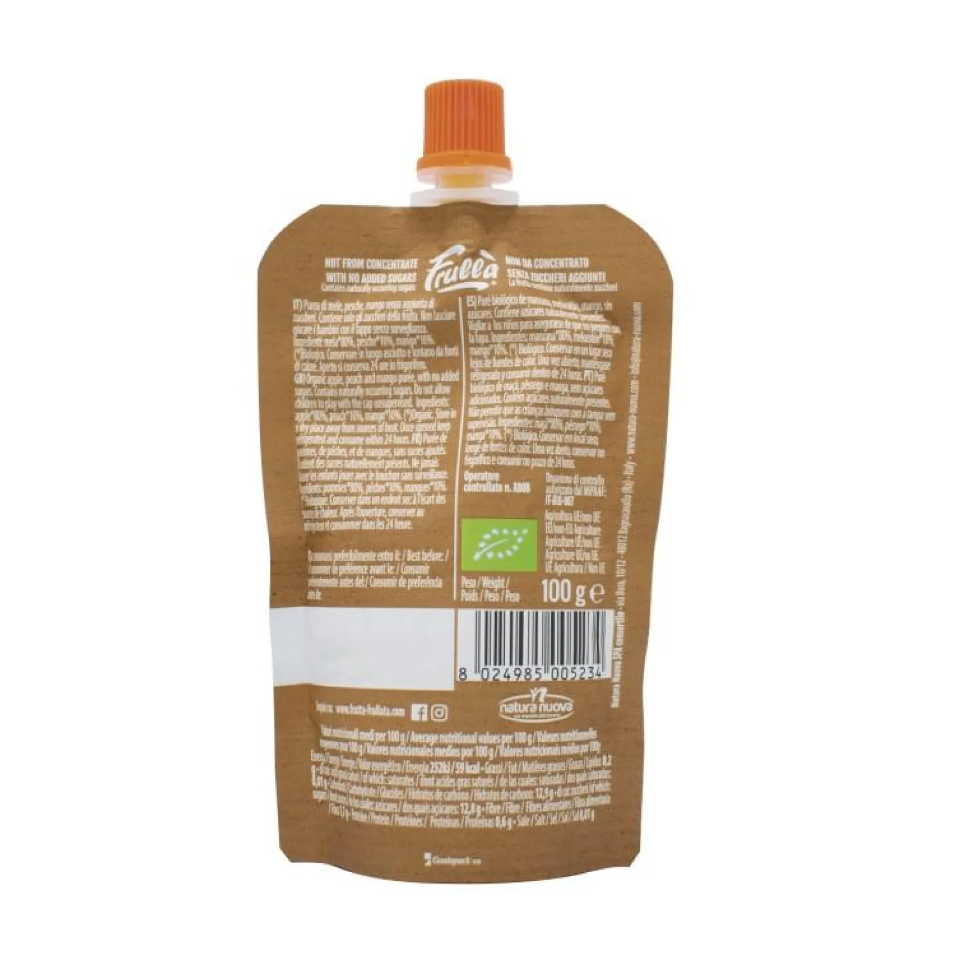 Pouche de Manzana, Melocotón y Mango Frulla Natura Nuova 1ud de 100gr