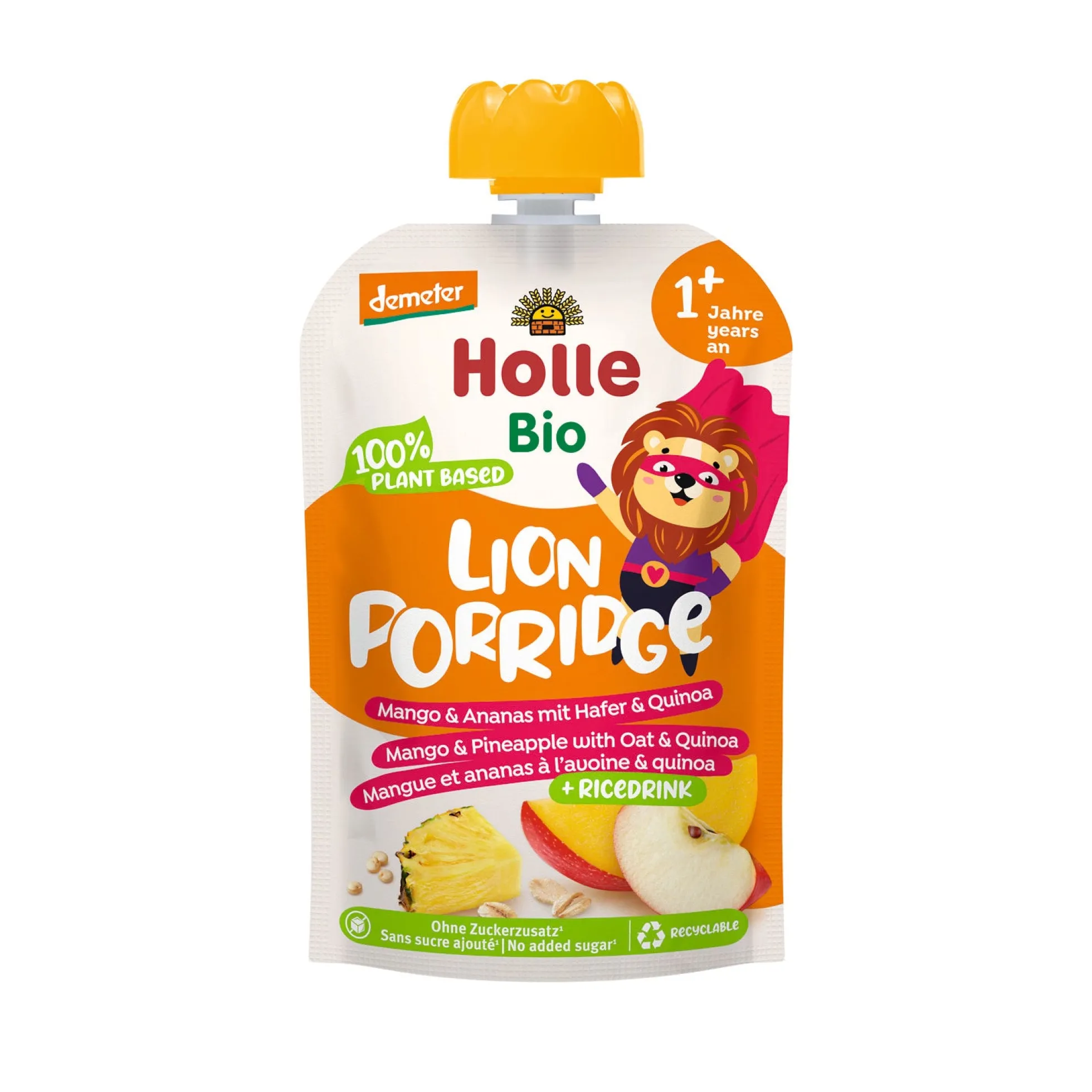 Pouch Lion Porridge con Mango, Piña, Avena y Quinoa Demeter a partir 12 meses Holle 110g