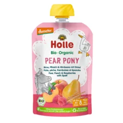 Pouch Pear Pony Pera, Melocotón y Frambuesas con Espelta Demeter a partir 8 meses Holle 100gr