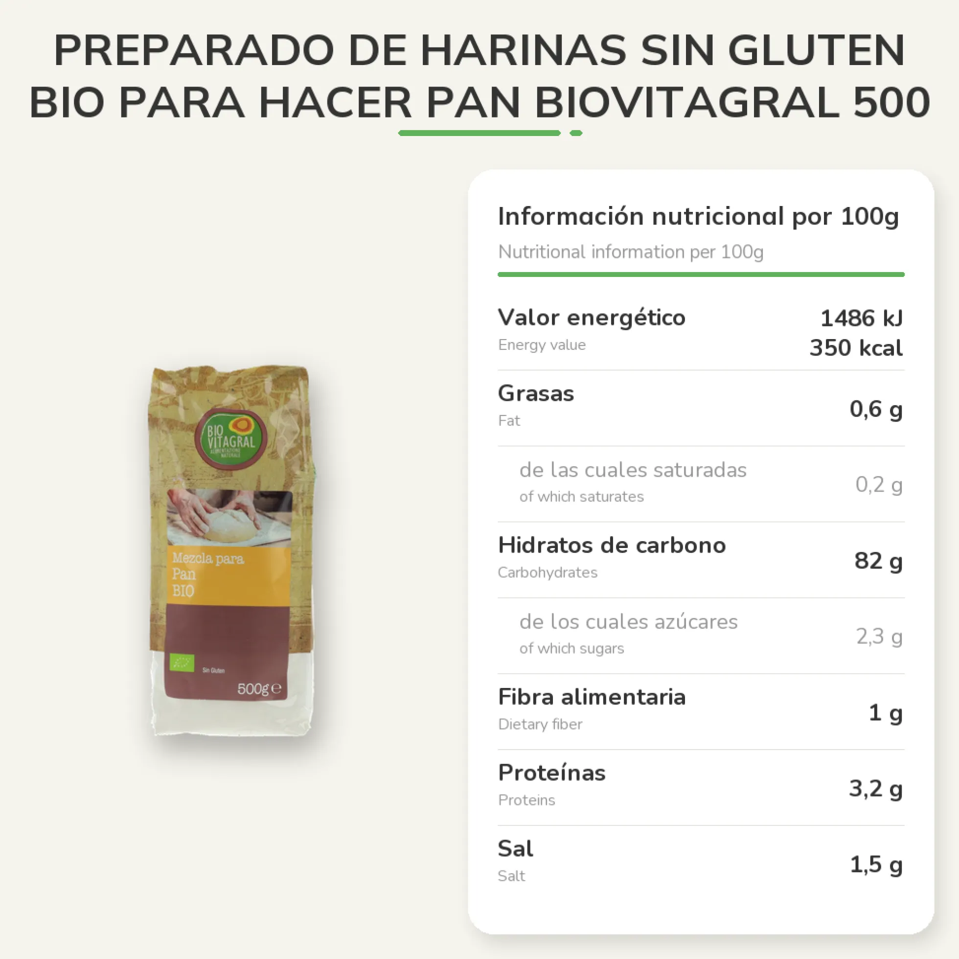 Preparado de Harinas Sin Gluten BIO para hacer Pan Biovitagral 500 g