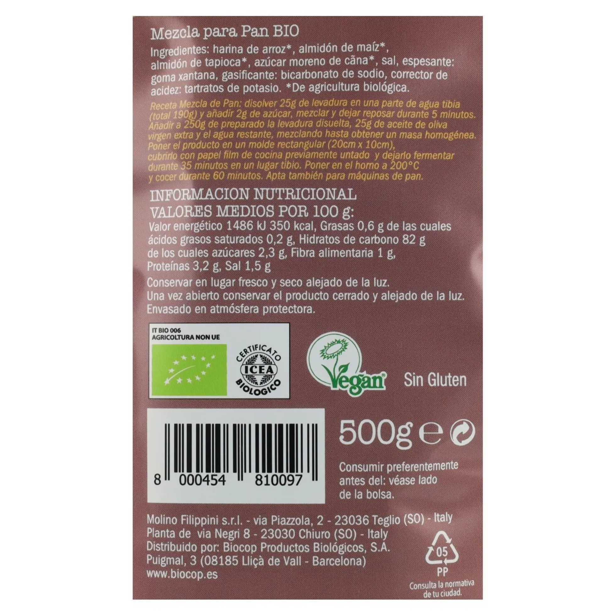 Preparado de Harinas Sin Gluten BIO para hacer Pan Biovitagral 500 g